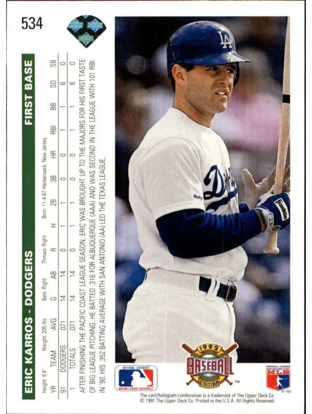 Eric Karros 1992 Upper Deck MLB #534 Baseball Card Los Angeles Dodgers